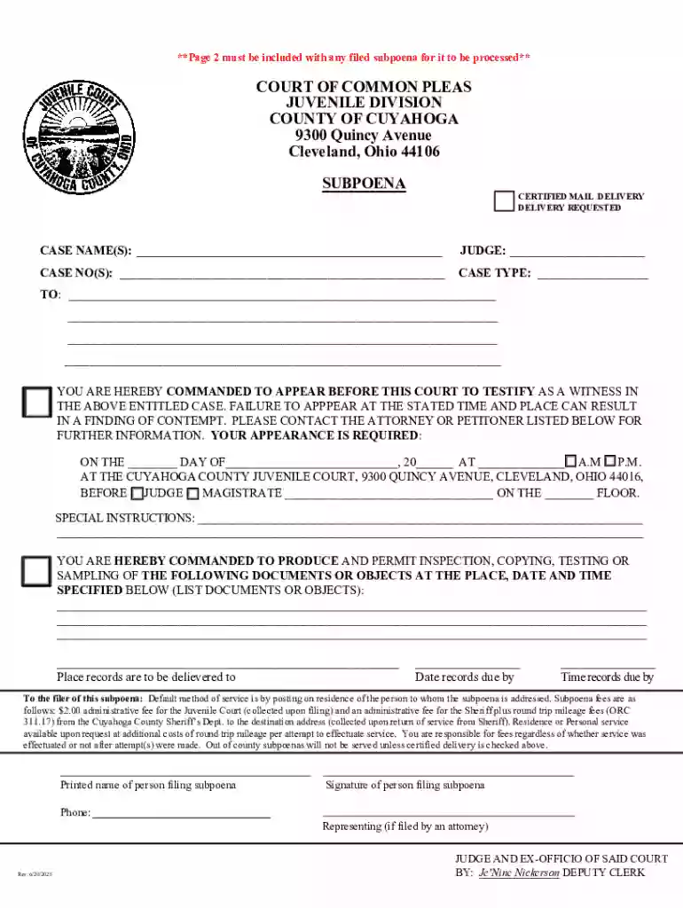 subpoena county cuyahoga form Preview on Page 1