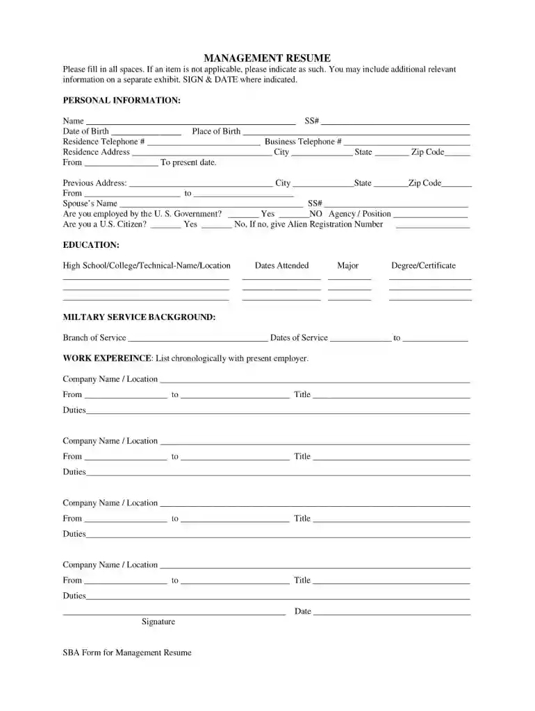 sba management resume form Preview on Page 1