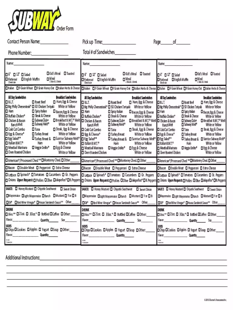 subway order form Preview on Page 1