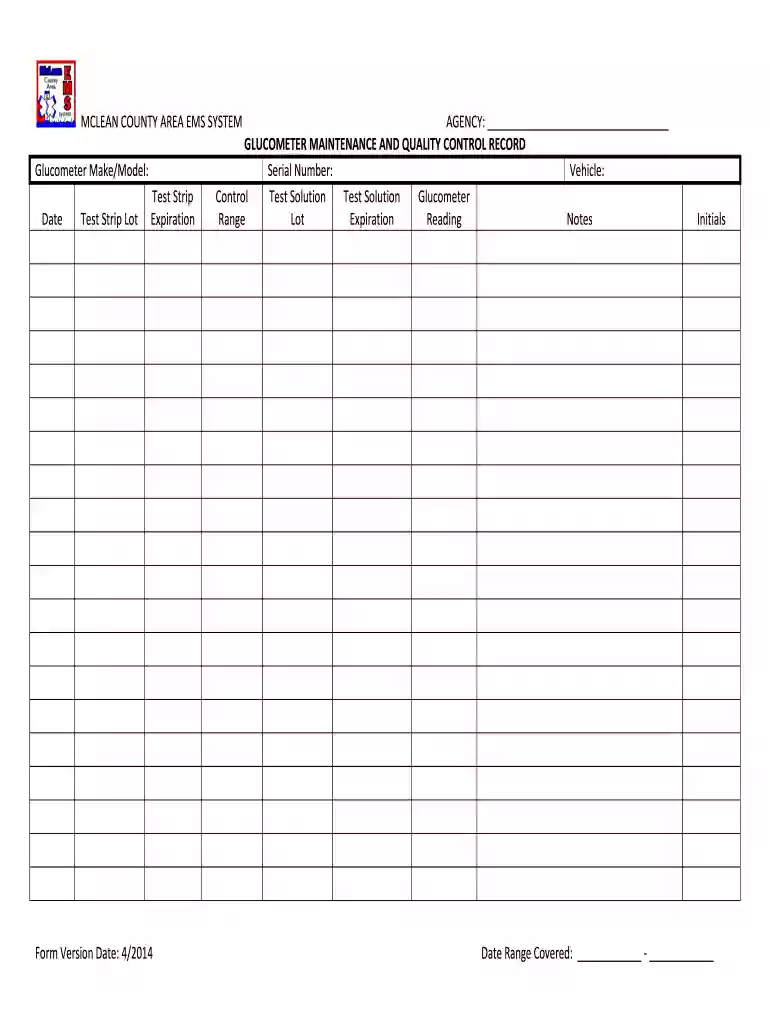 glucometer quality control log Preview on Page 1