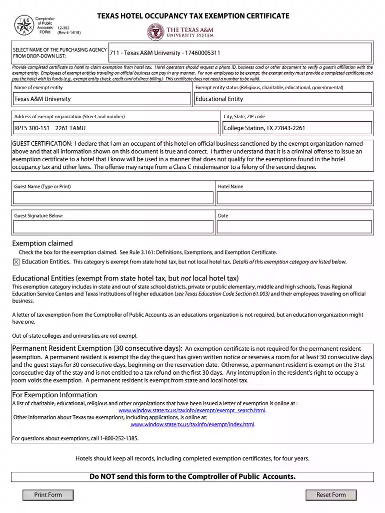 texas hotel tax exempt form Preview on Page 1