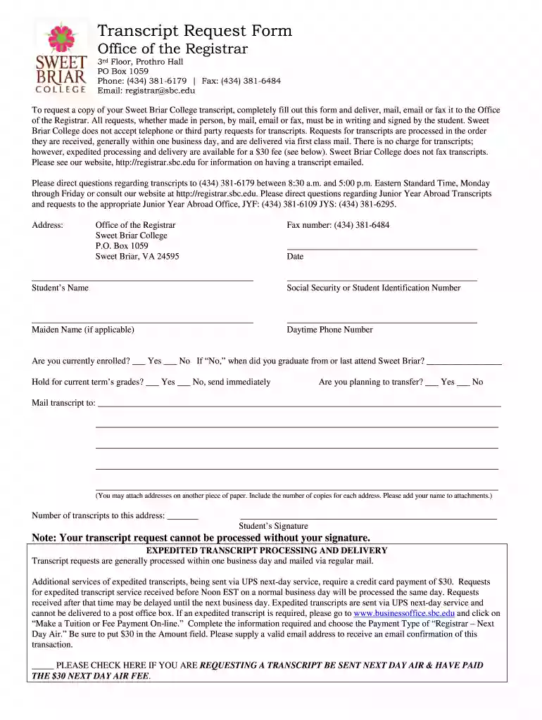 sweet briar college transcript request Preview on Page 1