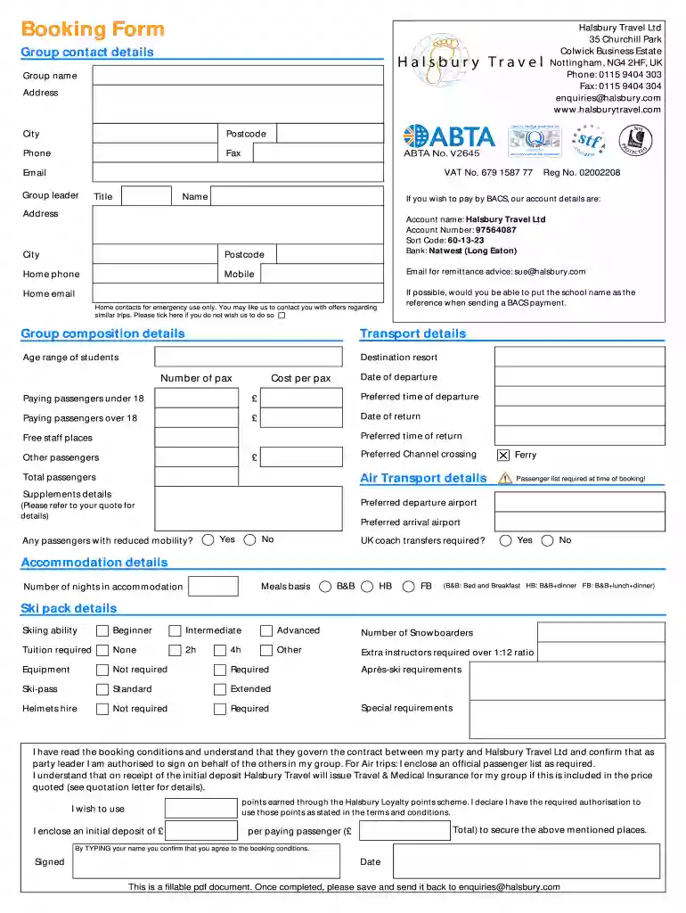 Booking Form - Halsbury Ski Preview on Page 1