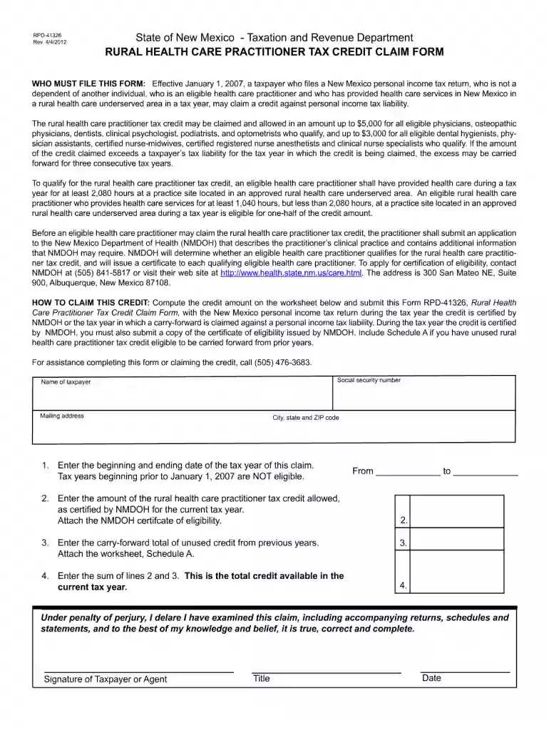 rural health care practitioner tax credit claim form 2012 Preview on Page 1